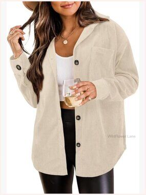 Plus Size Corduroy Button Down Shacket Jacket Long Sleeve Tops Blouses